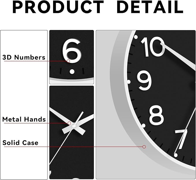 Wall Clock, Silent Wall Clocks Battery Operated 8 Inch-Modern Non Ticking Analog Clock Decorative for Kitchen Office Bathroom Bedroom(Black)