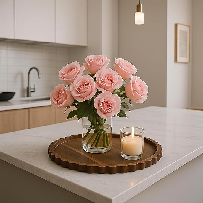 11.8 Inch Round Acacia Wood Decorative Tray for Coffee Table - Unique Scalloped Edge Design, Ideal Wooden Centerpiece Trays for Kitchen, Dining Room, Living Room and Home Decor