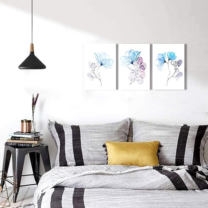 3 Piece Modern Blue Flowers Canvas Wall Art for Bedroom Living Room decor,Bathroom Wall Decor,3 Panels framed Wall Watercolor Painting Kitchen Home Decoration Canvas Print Artwork Wall Mural
