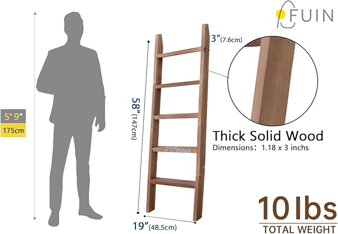 FUIN 5ft (58") Wood Blanket Ladder Living Room Decorative Wall Leaning Farmhouse Quilt Display Holder Shelf Rustic Wooden Towel Rack for Bathroom, Brown