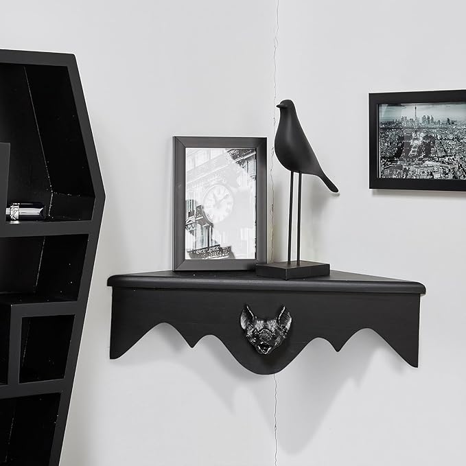 Bat Corner Shelf Set of 2, Black Flying Bat Floating Corner Shelf, Wood Wall Mounted Storage Shelves, Gothic Home Decor for Bedroom, Kitchen, Living Room, Bathroom, Office and More…