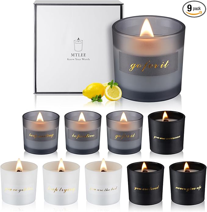 MTLEE 9 Pcs Motivational Aromatherapy Gifts Inspirational Soy Wax Scented Candles Bulk with Wooden Wicks Luxury Gift Box for Women Men Teacher Birthday Engagement Gift, 2.12 oz