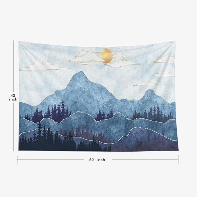EMMTEEY Mountain Tapestry - Mountains Trees with Gold Sun - 60X40 Small Tapestry - Christmas Photo Backdrop Wall Art Decor
