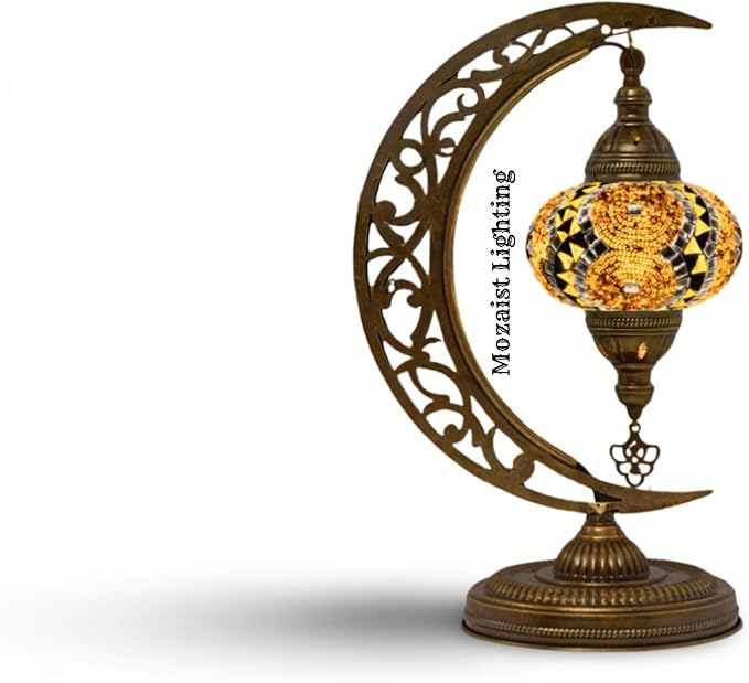 mozaist Unique Moon Shaped Mosaic Table Lamp - Moroccan Handmade Tiffany Stained Glass with US Plug and E12 Socket