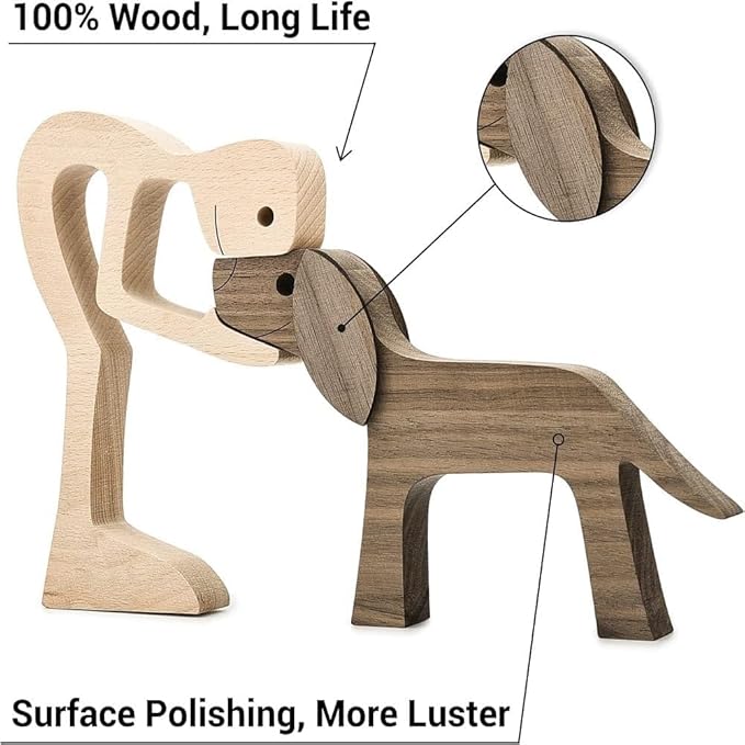 FHDTW Handmade Wooden Unique Gift for Dog Lover, Wooden Man and Dog Carving Statue, Wood Sculpture Home Office Tabletop Figurine Carved Wood Decor (A)