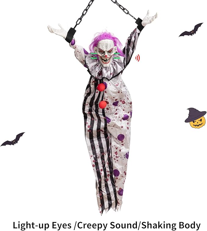 HollyHOME Halloween Animated Hanging Clown with Glowing Eyes Creepy Sound and Shaking Body Halloween Decorations Outdoor Scary Haunted House Outdoor Prop Decor 60’’