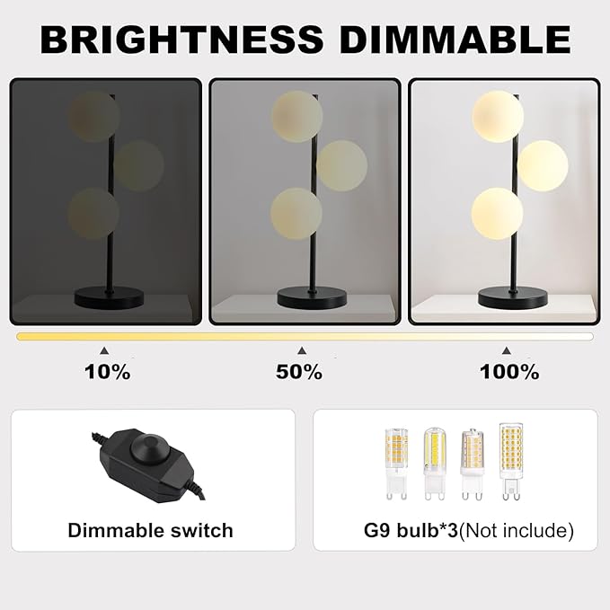 Black Globe Table Lamp Modern 3-Light Desk Light with Milk White Glass Shade Modern Nightstand Lamp for Bedroom Bedside End Table,G9 Bulb(Not Included)