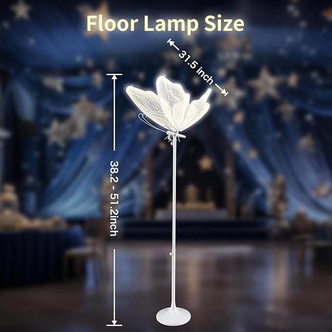 Butterfly Floor Lamp for Wedding Decor - 3 Color LED Ambient Lighting, Wall/Ceiling Mounted Romantic Party Lamp, Iron & Lace Design (31.4in, 1 PCS)