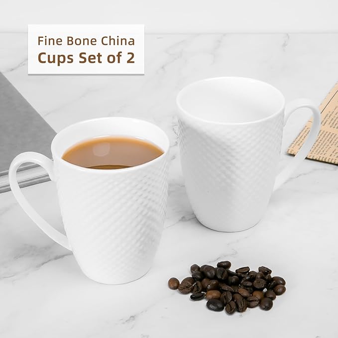 12 Oz Coffee Mugs Set of 2, Fine Bone China Mugs, White Ceramic Tea Cup, Rhombus Relief Texture Coffee Mugs for Latte, Tea, Hot Cocoa, Women, Men