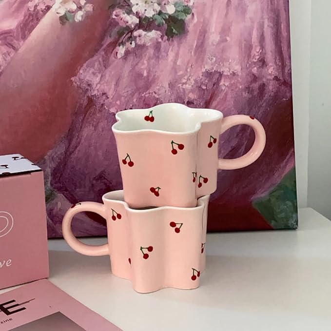 Women Girls Pink Flower Shape Cherry Mug Ceramic Coffee Mug Water Cup 350ml/12oz Cute Novelty Vintage Gift