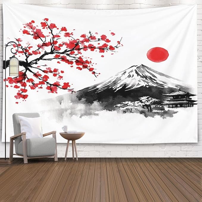 EMMTEEY Mountain Tapestry Wall Art for Bedroom 60X50 Inch-Ink Red Flowers and Fuji Mountain Durable Hanging Tapestry for Living Room