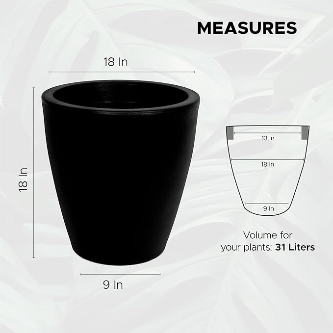 Elly Décor 17 inch Planter for Garden with Drainage, Large Round, Lightweight & Extremely Durable, Deck Indoor/Outdoor Plastic Pot, 17"x15"x9", Black