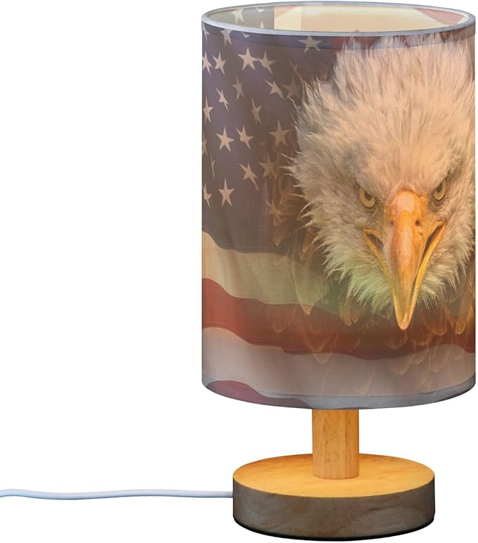 Table Lamp American Bald Eagle on USA Flag Nightstand Lamp with Wood Base Fabric Lamp Shade Bedside Desk Lamp for Living Room Bedroom Kids Room Office