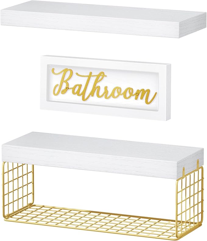QEEIG Bathroom Shelves Over Toilet - Paper Storage Wall Mounted Farmhouse Decor Decorations Aesthetic Décor Sign Small Floating Shelf 2+1 Set 16 inch, White and Gold (020WG)