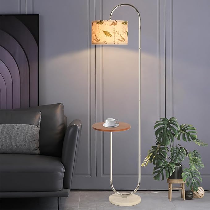 Hsyile Arc Floor Lamp with Hanging Drum Shade for Living Room-Marble Base Modern Tall Stand Up Light with Table, Contemporary Over The Couch Chrome Lamp Standing Lamps