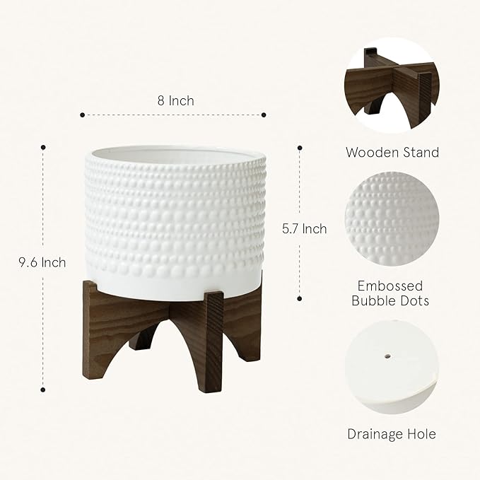 LA Jolie Muse Ceramic Planter with Wood Stand - 8 Inch White Cylinder Embossed Hobnail Patterned Flower Plant Pot Indoor