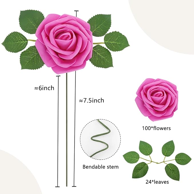Artificial Flowers Roses Real Looking Foam Fake Roses with Leaves and for DIY Wedding Bouquets Bridal Shower Centerpieces Party Decorations (Hot Pink, 100)