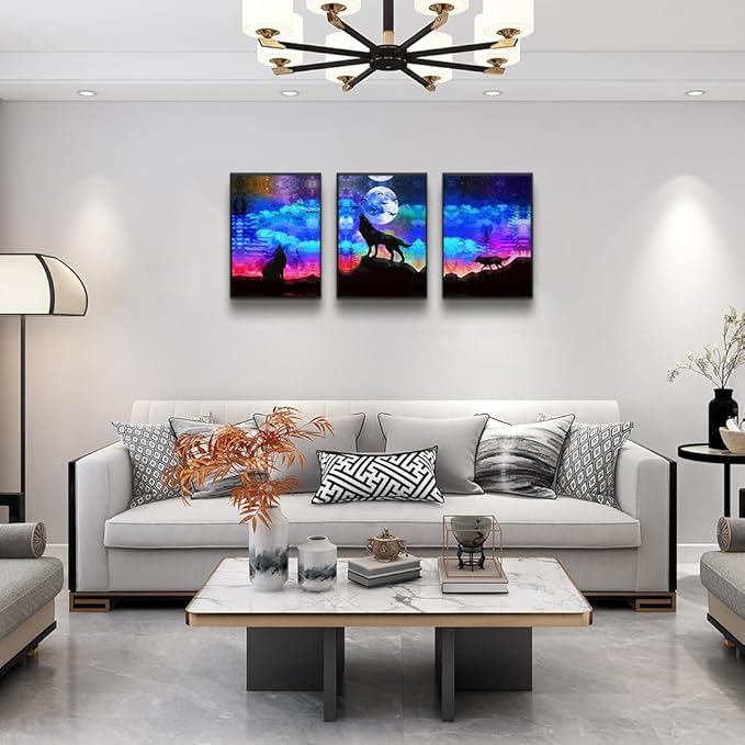 TTHYUEWS Black Framed Canvas Wall Art For Living Room Home Wall Decor For Bedroom Office Decor Wolf Landscape Wall Pictures Prints Artwork Blue Starry Sky Wall Painting Room Wall Decoration 3 Piece