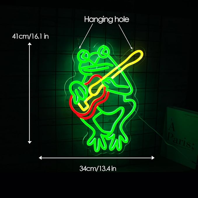 Frog With Guitar Neon Sign for Wall Decor Frog Led Wall Art for Live Music Concert Room Decor Guitar Lamp for Man Cave Decorations Gifts 16.4"×12.8"