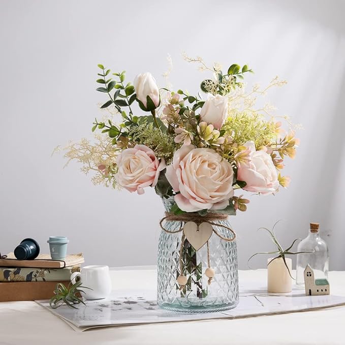 Silk Rose Flowers in Vase, Artificial Flowers Arrangement with Glass Vase Faux Rose for Decoration Table Centerpiece (Pink Rose)