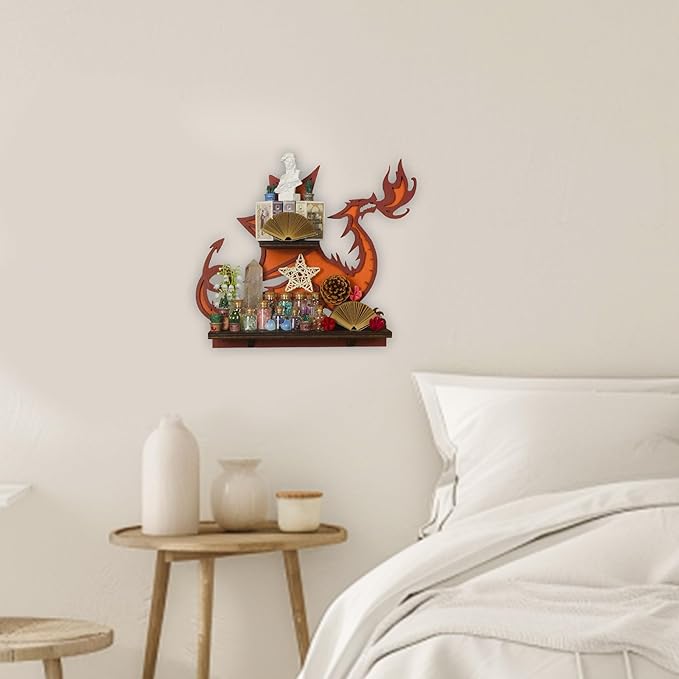 Wooden Fire-Spitting Dragon Decor Crystal Display Shelf for Wall, Rock Display Case Knick Knack Organizer Trinket Holder, Wall Hanging Shelves for Essential Oil & Nail Polish