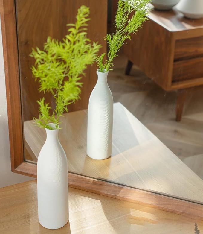 10 Inch White Ceramic Flower Vase, Textured Ribbed Minimalist Decorative Modern Vase for Pampas Grass, Table, Bookshelf, Mantel, and Entryway Home Decor