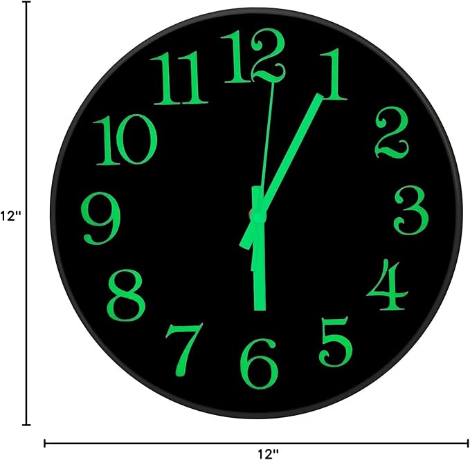 JoFomp Glow in The Dark Clock, 12" Non-Ticking Silent Luminous Wall Clock, Battery Operated Modern Quartz Clocks, Easy to Read for Home Kitchen Office Bedroom