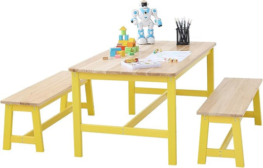 VEVOR Kids Table and Bench Set, Toddler Table and Chair Set of 3, Wood Activity Table for Art, Craft, Reading, Learning