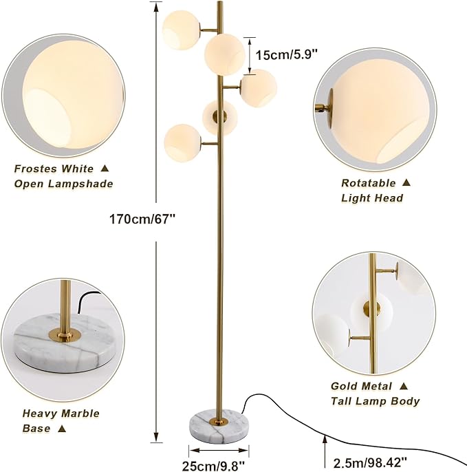 KCO Mid Century Modern Gold Floor Lamp 5 Globe Contemporary Brass Tall Free Standing Reading Lamp with White Glass Lampshade for Office Bedroom