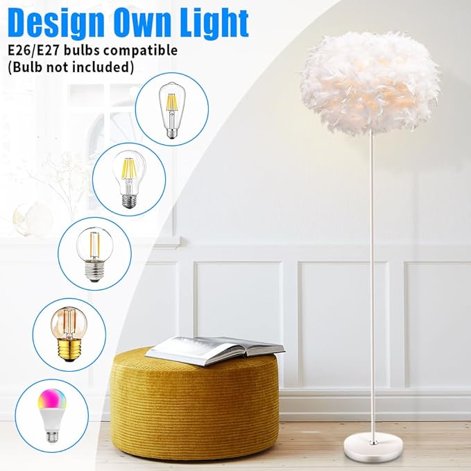 Feather Floor Lamps for Living Room, White Standing Lamp with Foot Switch, Modern Tall Lamp for Bedroom, Dining Room, Office, Corner