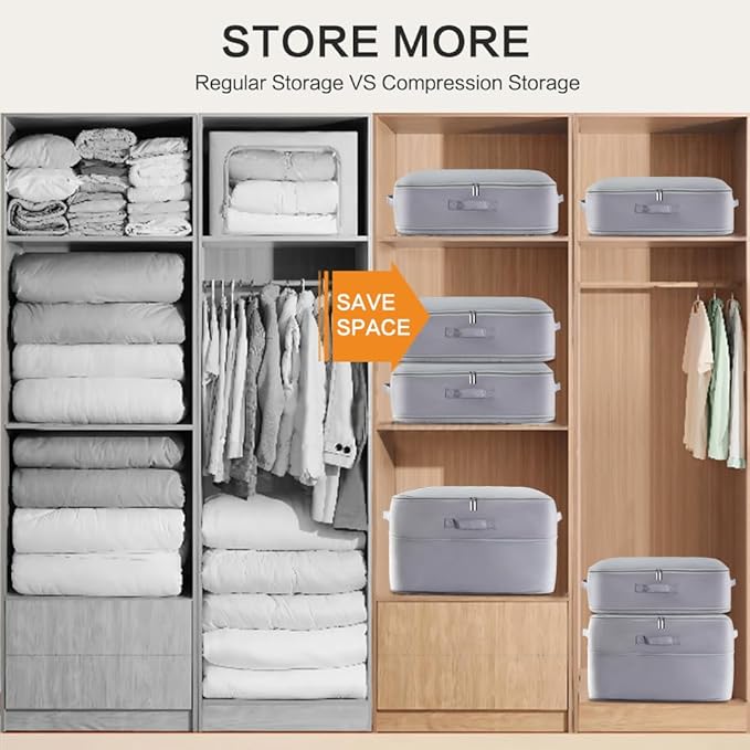 Ultra Space Saving Self Compression Storage Bags with Zipper, (Grey) -Compression Organize for Bedding, Comforter Storage Bag for Blankets Duvet Quilts Pillows