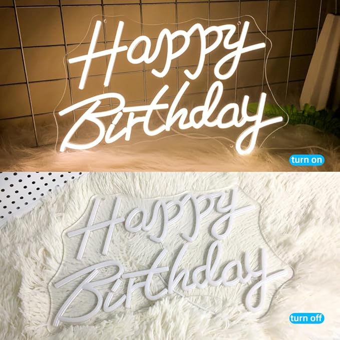 Happy Birthday Neon Sign for Wall Decor, Usb Powered with Dimmable Switch, Reusable Neon Light Sign for All Party Decoration Happy Birthday Signs (16" Warm white)