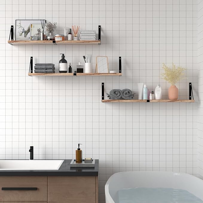 Floating Book Shelves for Wall Set of 3, Wall Bookshelf, 33 inch Long Wood Shelf for Wall Storage, Hanging Shelving for Bedroom, Bathroom, Living Room, Kitchen, Office and Plants (Carbonized Black)