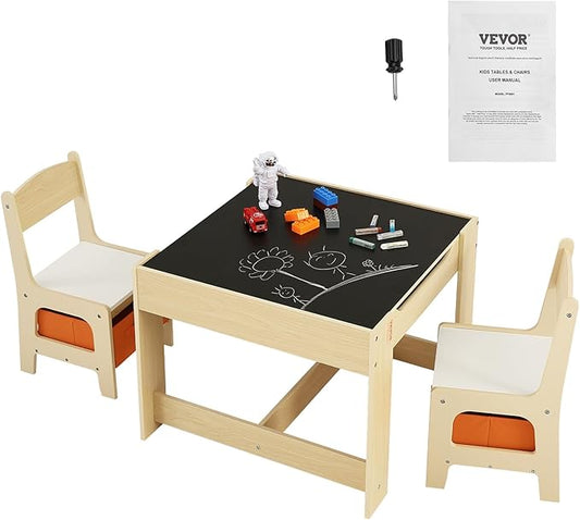 VEVOR Kids Table and Chair Set, 3 in 1 Wooden Activity Table with Storage Space and Boxes, Detachable Tabletop Kids Play Table for Toddlers Art, Craft, Reading, Learning