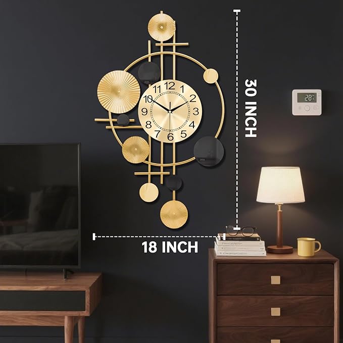 Large Wall Clocks for Living Room,Silent Non Ticking,Battery Operated Oversized Round Modern Wall Clock for Bedroom,Farmhouse,Office Wall Decor-17.7x29.97Inch(Golden)
