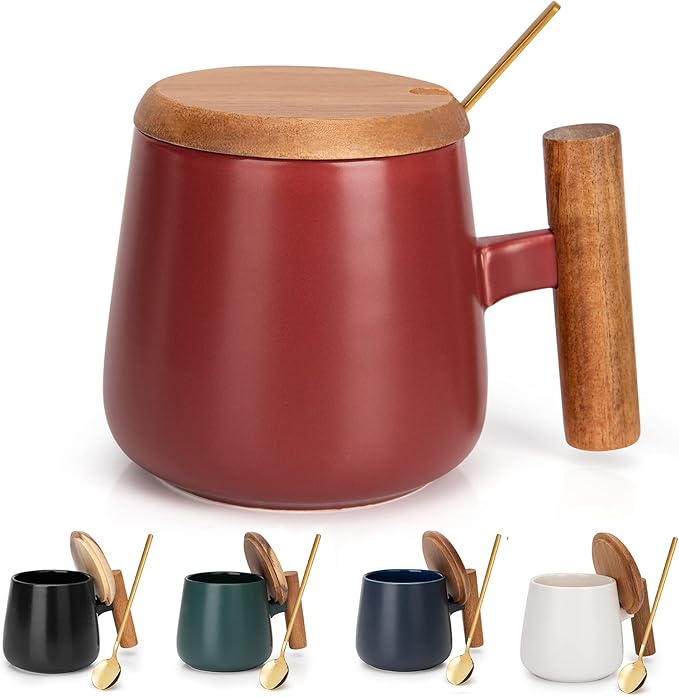 14 Oz Ceramic Coffee Mug with Lid and Coffee Spoon for Latte,Cappuccino Mug, Cocoa Mug, Tea Mug, Birthday Gifts for Women, 1 Pack (Matte Red)