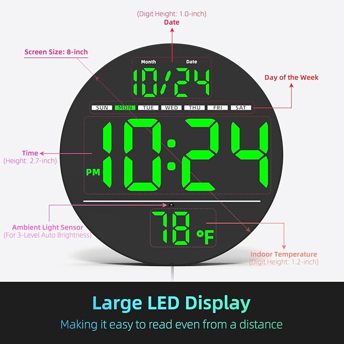 Digital Wall Clock with Large LED Display, Auto-Brightness, Temperature, Low-Reflectivity, Small Silent Non-Ticking Modern Electric Wall Clock for Bedroom, Living Room, Office, Classroom, Farmhouse