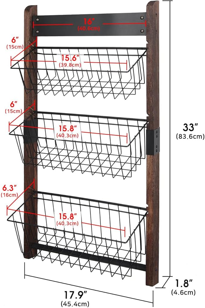 J JACKCUBE DESIGN 3 Tier Wall Mount Fruit Basket, Hanging Wire Fruit Vegetable Storage Organizer Rack for Kitchen with Chalkboard- MK657B