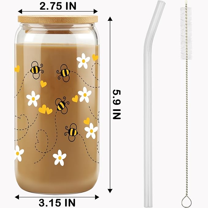 Gift For Girls, Her - Birthday Gifts for Women Friendship - Unique Gifts For Women, Friends, Bestie, Bff, Soul Sister, Work Bestie - Honey Bee Daisy 16 OZ Iced Glass Can Tumbler with Lid and Straw