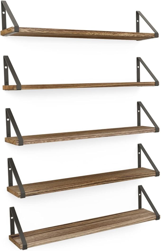 Wallniture Ponza 24" Floating Bookshelf, Wood Floating Shelves for Wall Storage, Rustic Wall Shelves for Bedroom, Living Room, Bathroom, Kitchen Set of 5