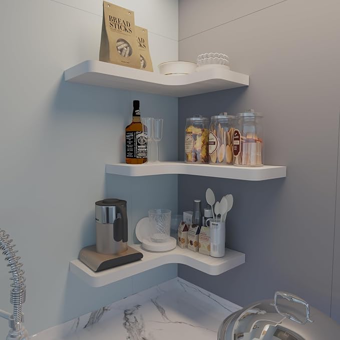 SAUMONIERES Corner Floating Shelves 24 Inch Wall Mount Shelf Solid Wood for Bedroom Bathroom Kitchen Storage Set of 2, White