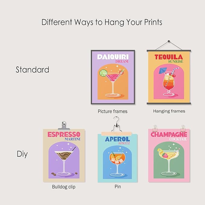 Cocktail Mixology Wall Art Print, Cute Colorful Liquor Drink Alcohol Bar Wall Art for Home Bar Decor, Cocktail Poster Aesthetic for Girls Party Apartment Dorm Kitchen Bar Decoration, Funky Trendy
