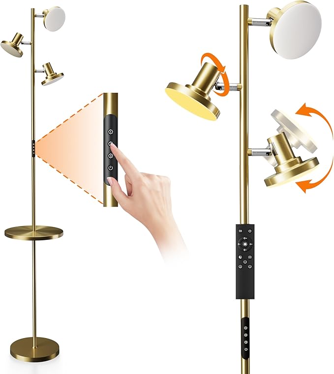ULG Floor Lamp with Shelf 3-Light Standing Tree Lamp Independent Control Modern Decor Light Color/Intensity Changing Remote & Button Control 1200lm LED Lamp for Living Room Home Office Bedroom, Gold