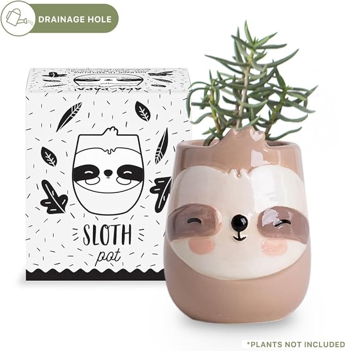 Sloth Animal Ceramic Planter for Indoor and Outdoors, 3 x 3 x 4 in., Cute Hand Painted Designed in Argentina, Convenient Drain Hole