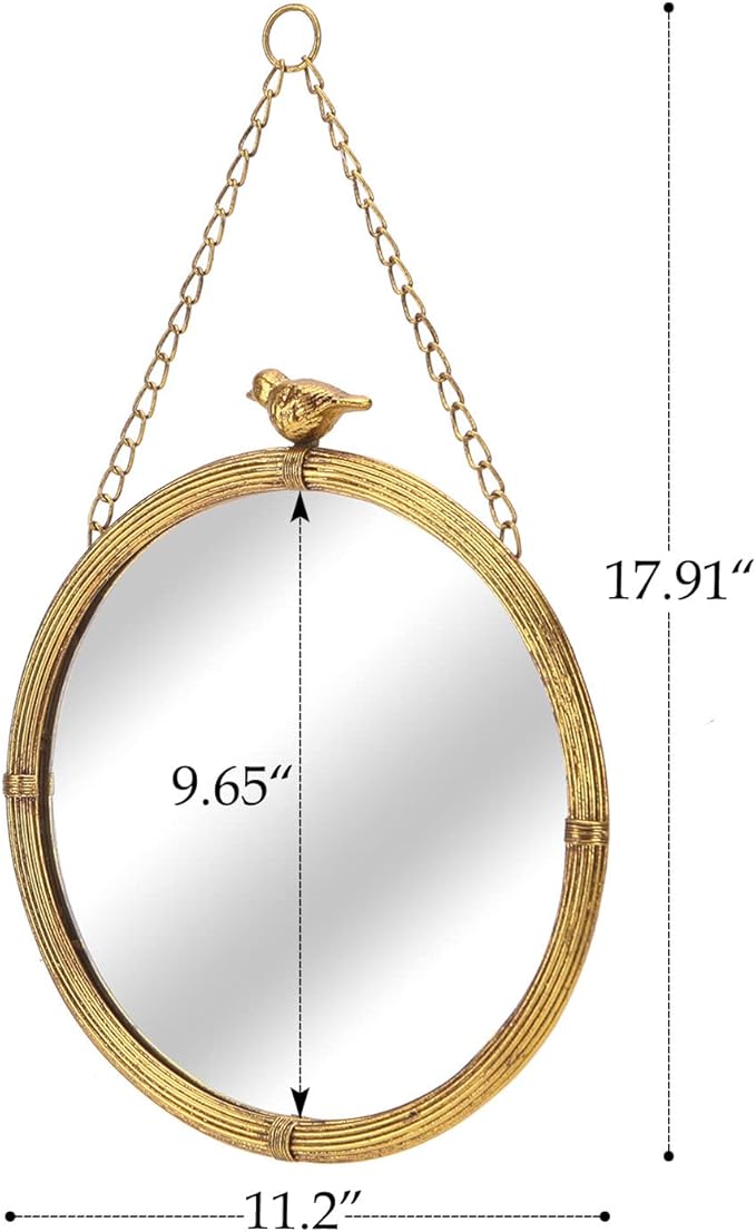 NIKKY HOME 11 Inch Decorative Small Hanging Mirrors Vintage Round Metal Framed Wall Mounted Mirror Decor with Bird for Bathroom Living Room Office, Rustic Gold