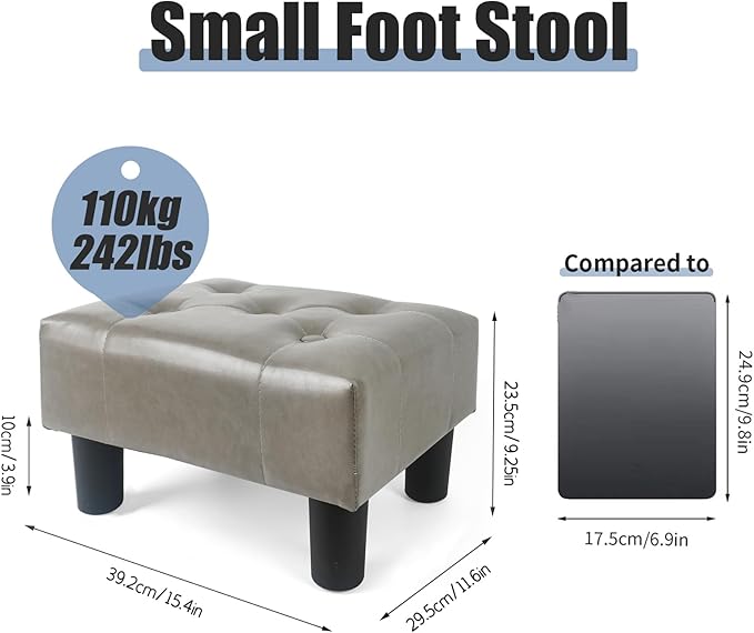 BRIAN & DANY Small Foot Stool, Leather Foot Stools with Legs, Stable Small Footstool for Living Room, Grey