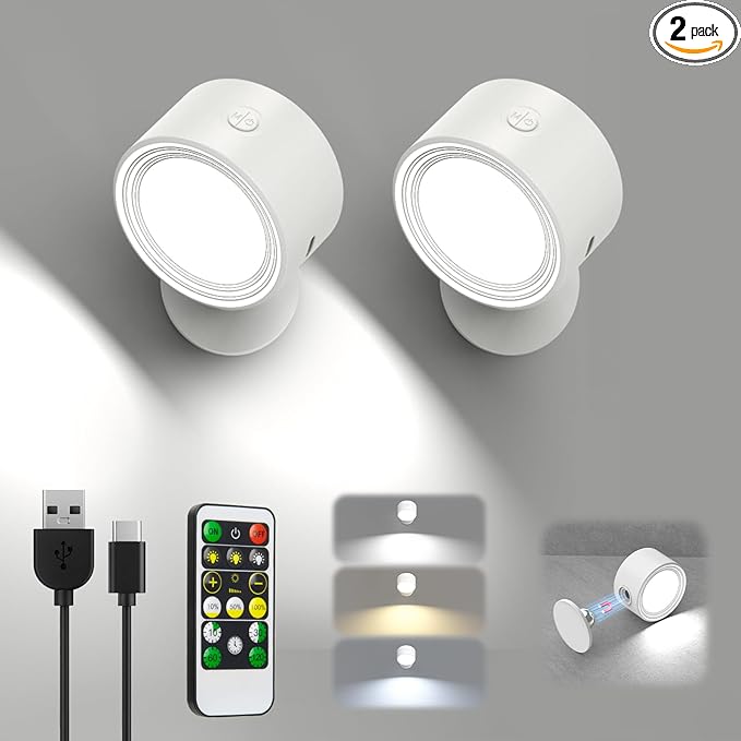 LED Wall Lights with Remote, 2 Pcs Rechargeable Wall Mounted Reading Sconces Lamp 3000mAh, 3 Colors & Dimmable Magnetic 360° Rotation Cordless Wall Lighting Spotlights for Bedroom Bedside Hallway