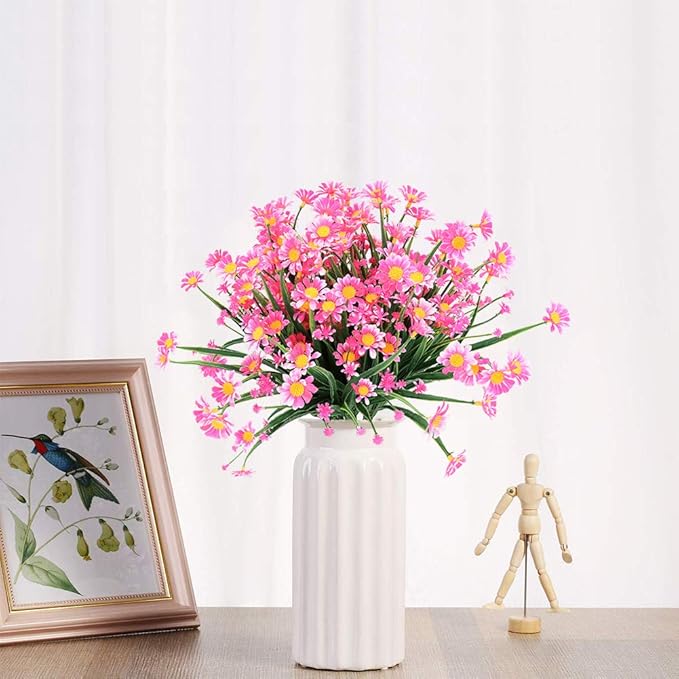 8 Bundles Artificial Daisies Flowers Outdoor UV Resistant Fake Foliage Greenery Faux Plants Shrubs Plastic Bushes for Window Box Hanging Planter Farmhouse Indoor Outside Decor(Pink)