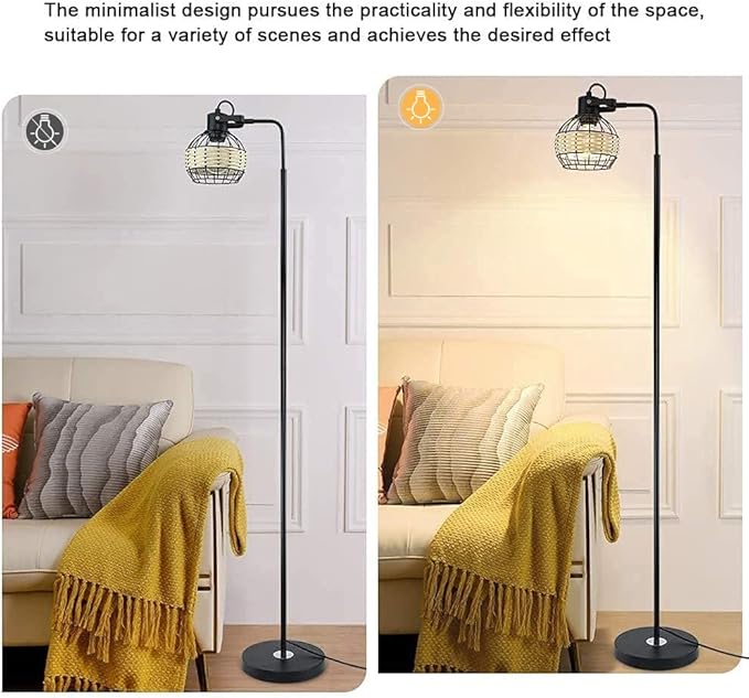 DLLT LED Floor Lamp, Adjustable Head Standing Lamp with Heavy Metal Based, Farmhouse Tall Rattan Floor Lamps Reading Lighting for Living Room, Bedroom, Study Room, Office, 8W 3000K E26 Bulb Included