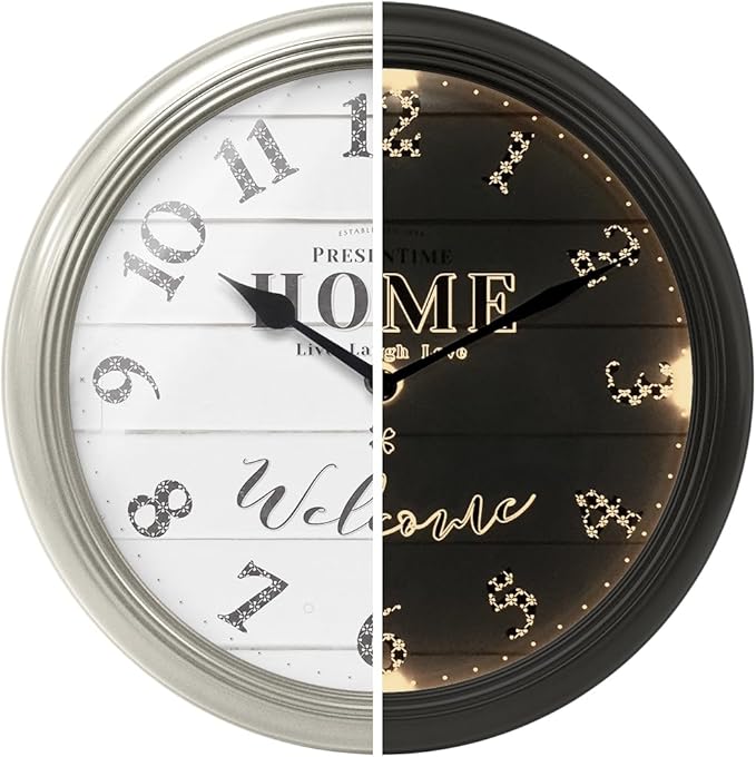 Presentime & Co. 12.6" Illuminated Farmhouse Wall Clock, Silent Battery Operated Night Light Wall Clock with Smart LED Sensor for Living Room, Bathroom, Kitchen, Home Office, Morning Silver